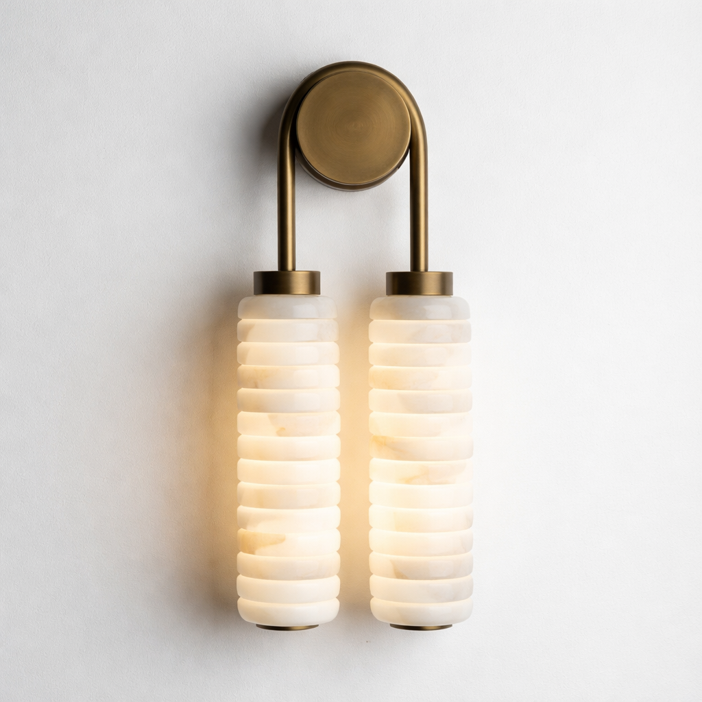 Double Genuine Marble Wall Sconce Brass | Vanity Pair Low Profile Ringed Stone Glow 2 Columns Casalola Lights Luxury