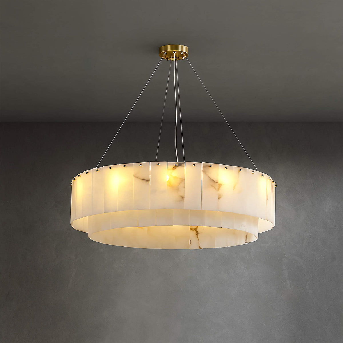 Alabaster Drum Chandelier for Dining Room or Foyer | Two Tiers of Stone Panels 45 to 100 Cm (17.7-39.4″) Casalola
