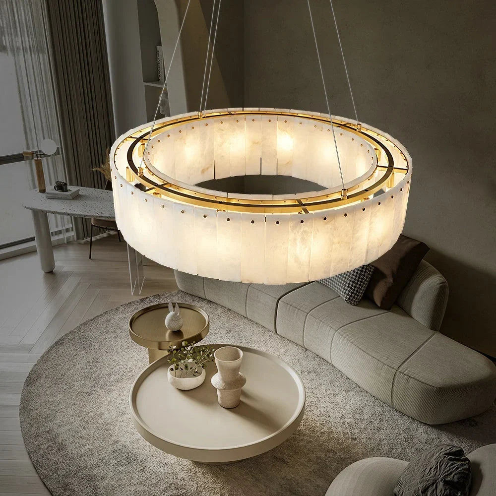Alabaster Drum Chandelier for Dining Room or Foyer | Two Tiers of Stone Panels 45 to 100 Cm (17.7-39.4″) Casalola