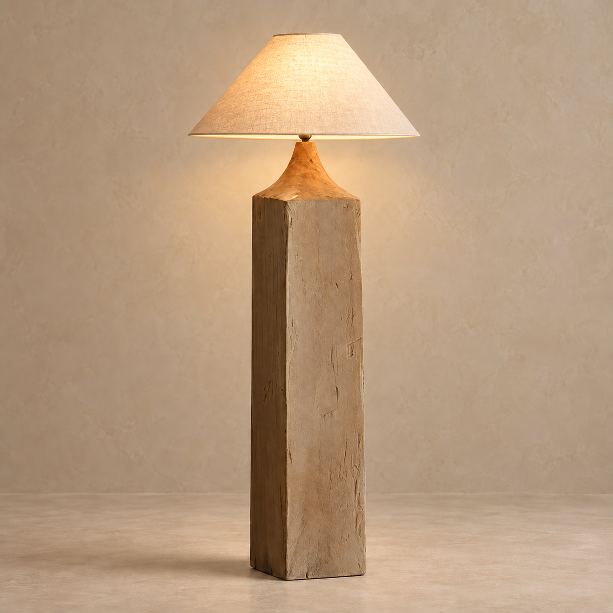 Elkann CL980 floor lamp illuminated through its linen shade