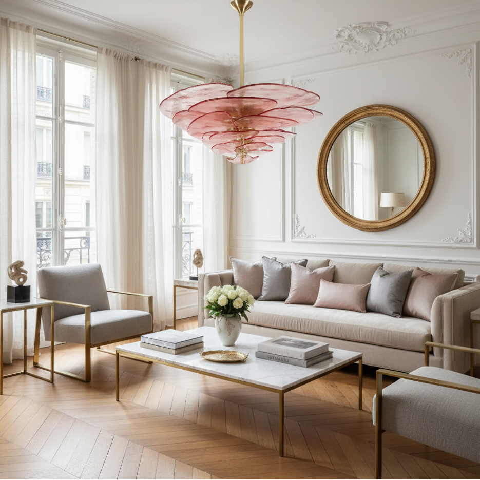 Glass Petal Chandelier Pink Bronze Clear or Green | Hand Formed Petals Sloped Ceiling 2 Sizes Casalola Lights Luxury
