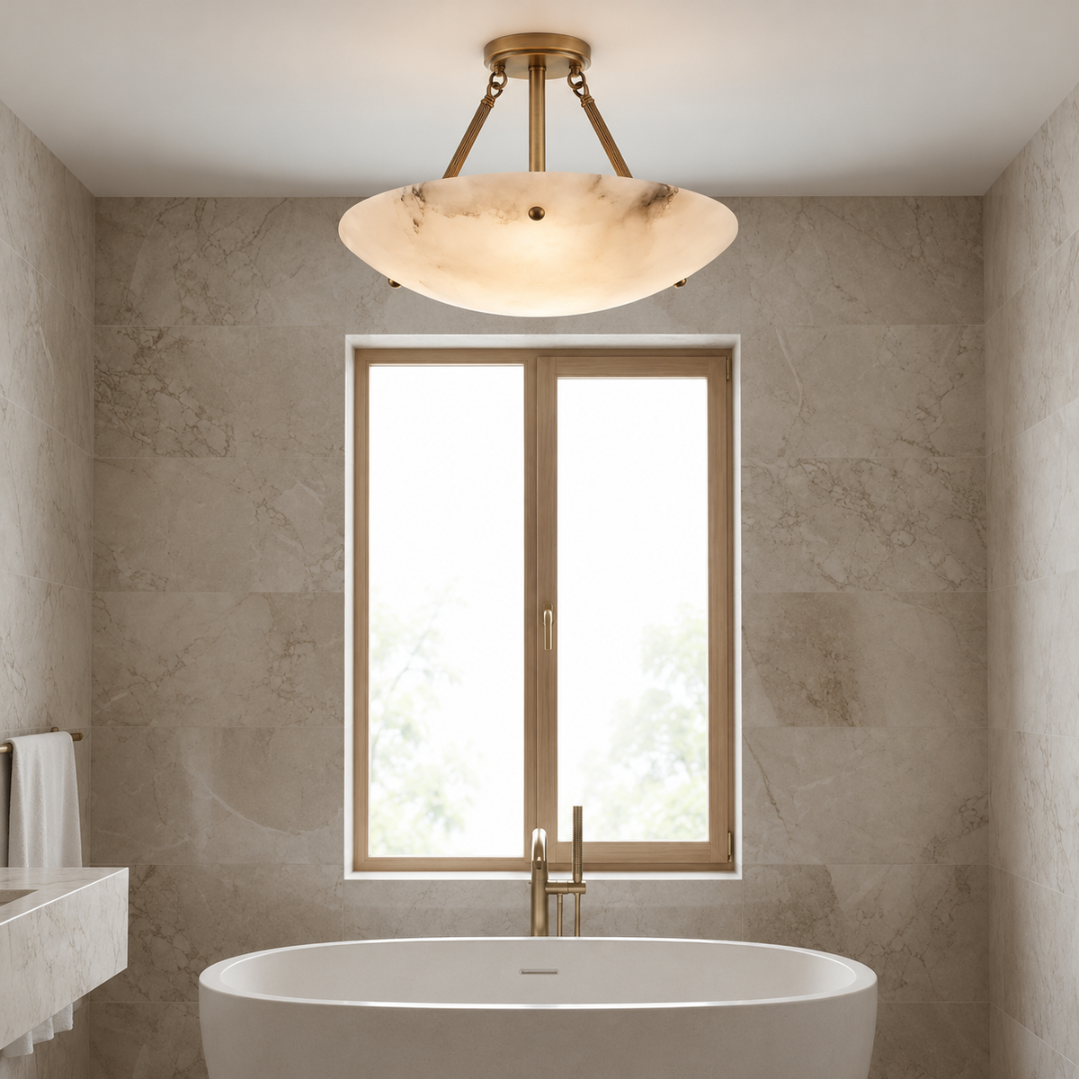 Flat Rose alabaster ceiling light above a freestanding bath in a daylight-filled bathroom.