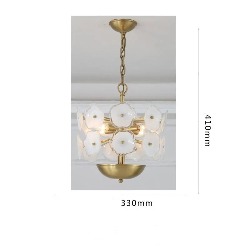 White Glass Flower Chandelier for Dining Room or Bedroom | Brass Frame 13 in Wide Hand Formed Blooms Casalola Lights