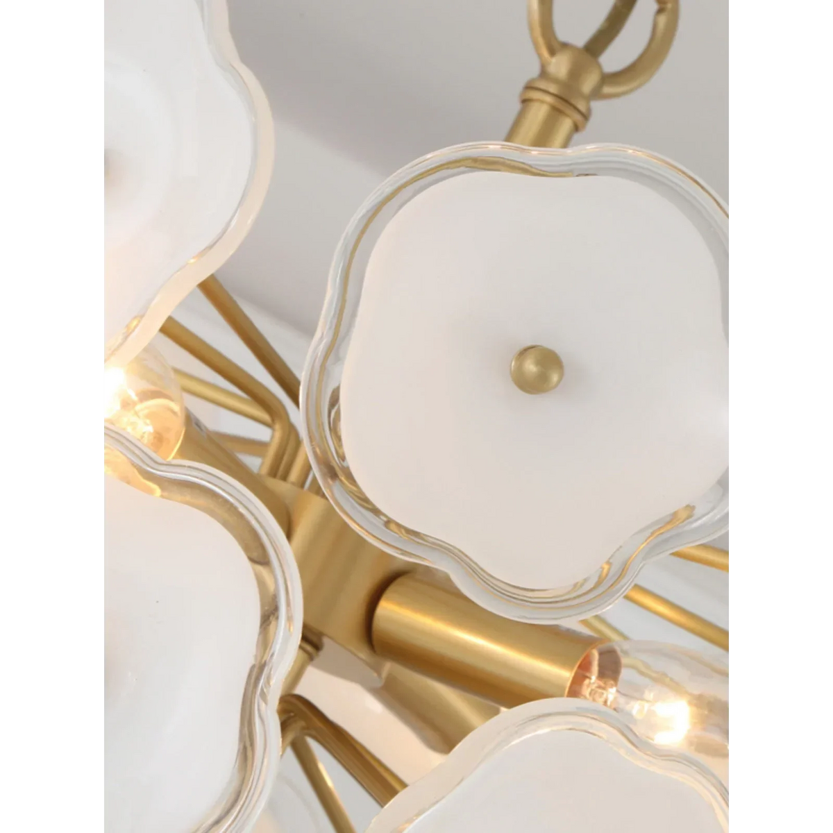 White Glass Flower Chandelier for Dining Room or Bedroom | Brass Frame 13 in Wide Hand Formed Blooms Casalola Lights