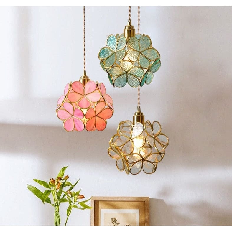 Colorful Glass Pendant Lamp | Round Flower Hanging Lights for Living Room Kitchen Dining - Lamps