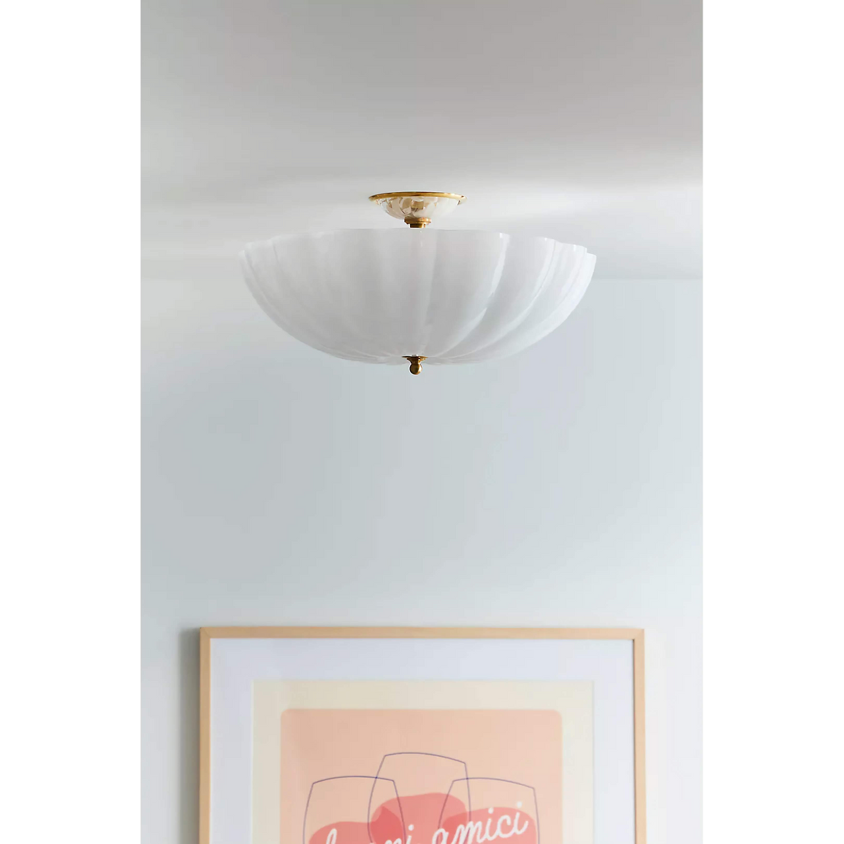 Frosted Glass Semi Flush Mount Ceiling Light for Dining Room | Brass Chains 16 or 21 Inch Scalloped Rim Casalola Lights