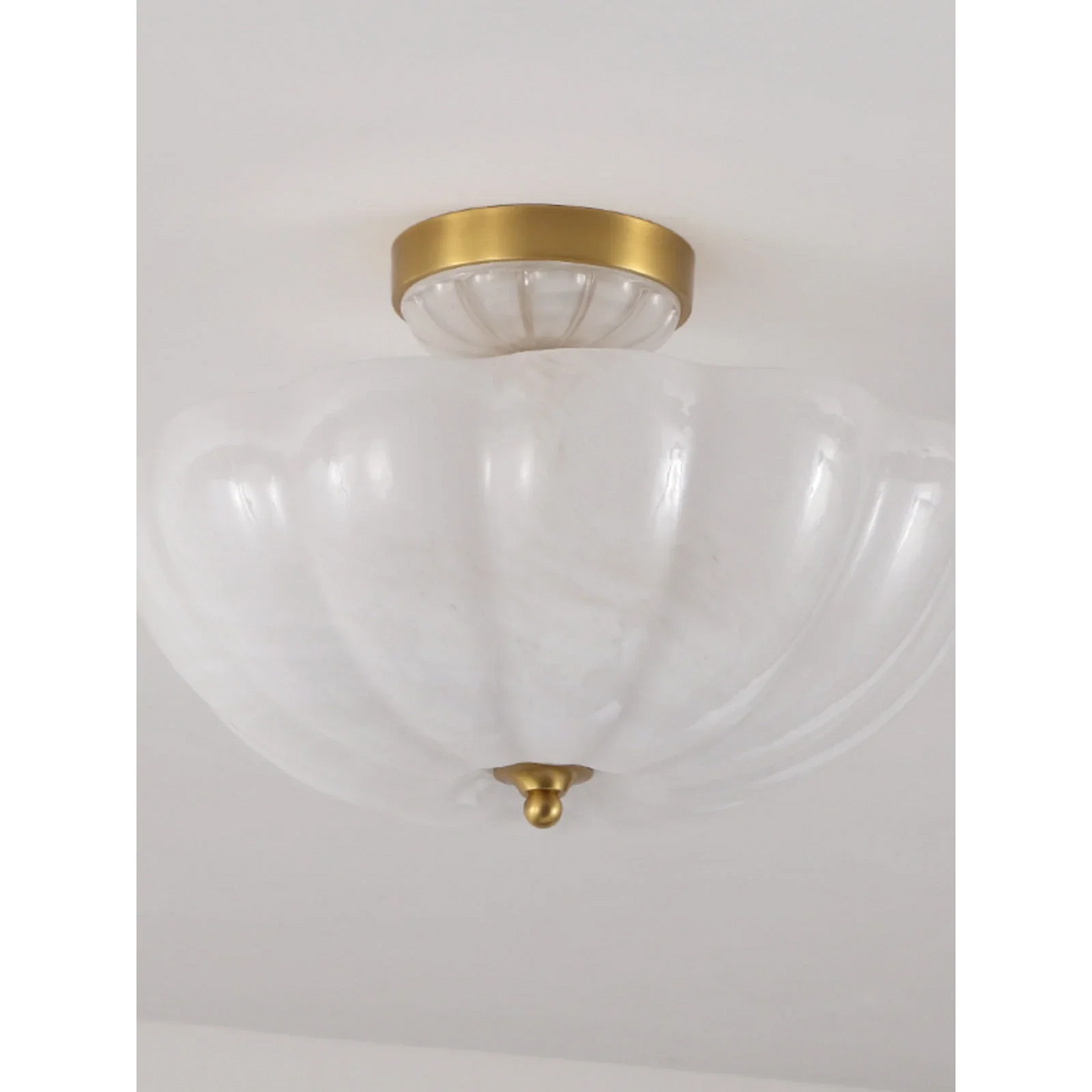 Frosted Glass Semi Flush Mount Ceiling Light for Dining Room | Brass Chains 16 or 21 Inch Scalloped Rim Casalola Lights