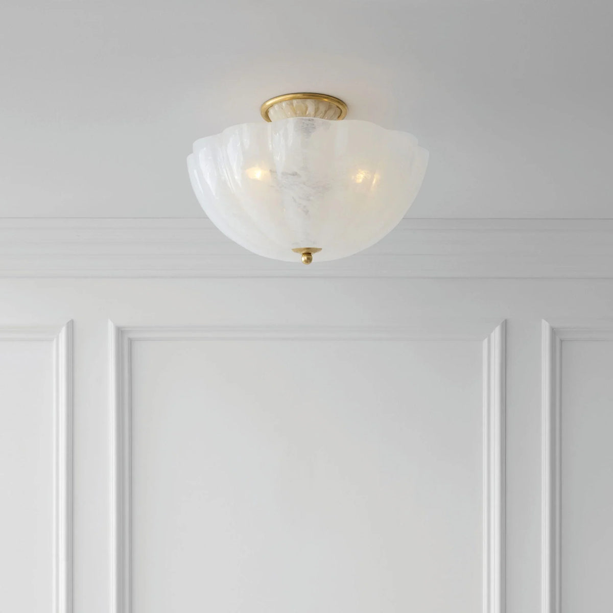 Frosted Glass Semi Flush Mount Ceiling Light for Dining Room | Brass Chains 16 or 21 Inch Scalloped Rim Casalola Lights