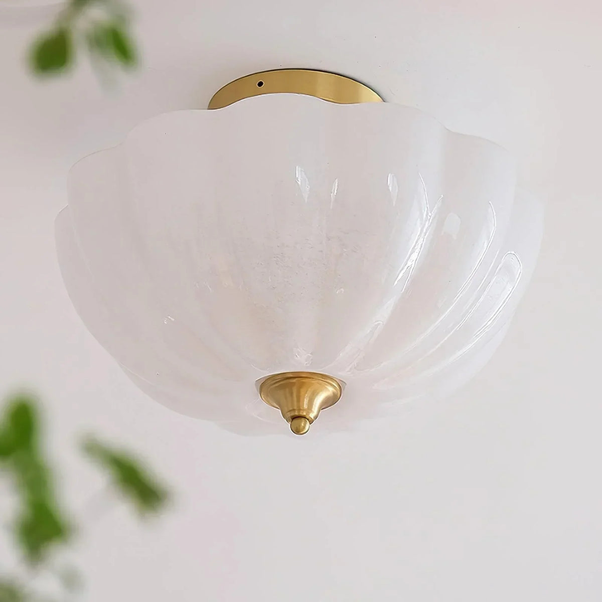 Frosted Glass Semi Flush Mount Ceiling Light for Dining Room | Brass Chains 16 or 21 Inch Scalloped Rim Casalola Lights