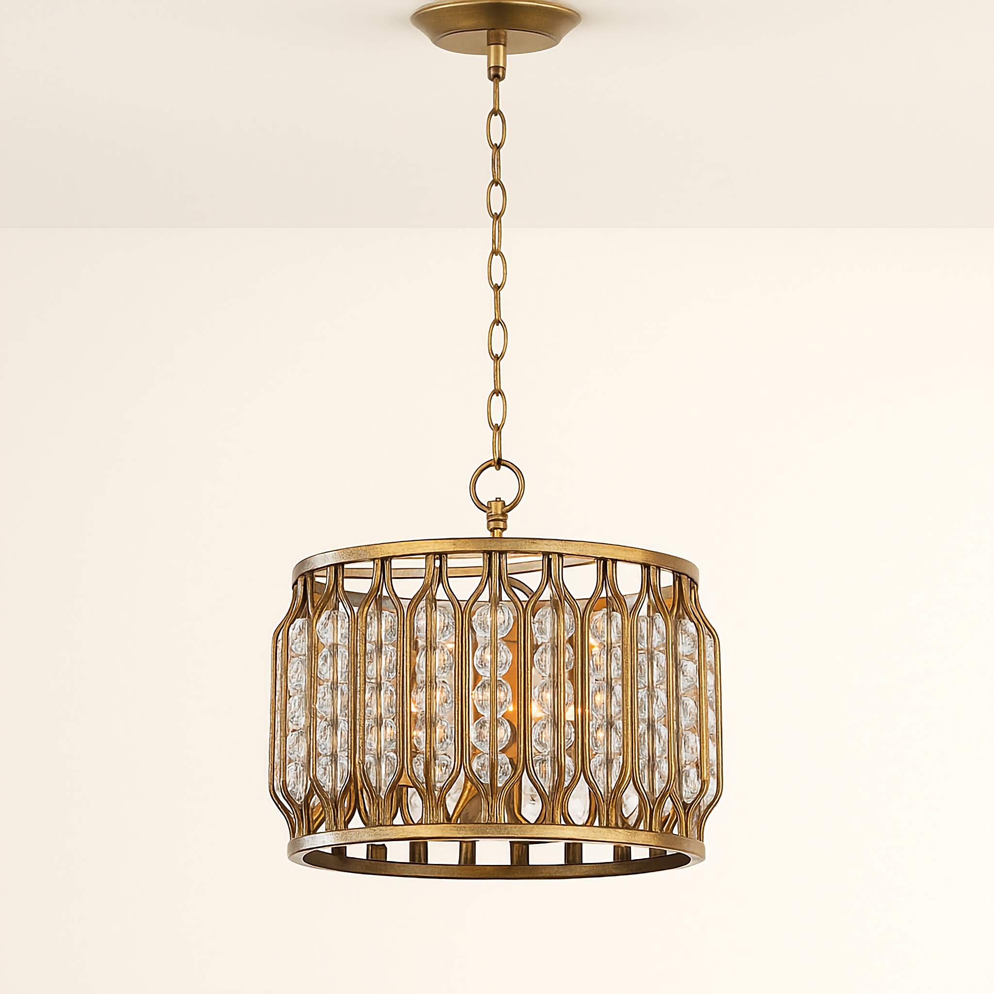 Handcrafted Antique-gold Drum Chandelier with Crystal Prisms – Elegant Dining Room & Entryway Pendant Lighting