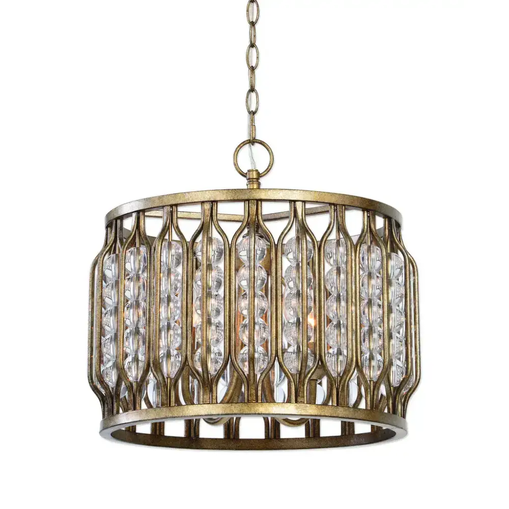 Gilded Crystal Drum Pendant | Gold Chandelier for Kitchen or Entry - Lamps