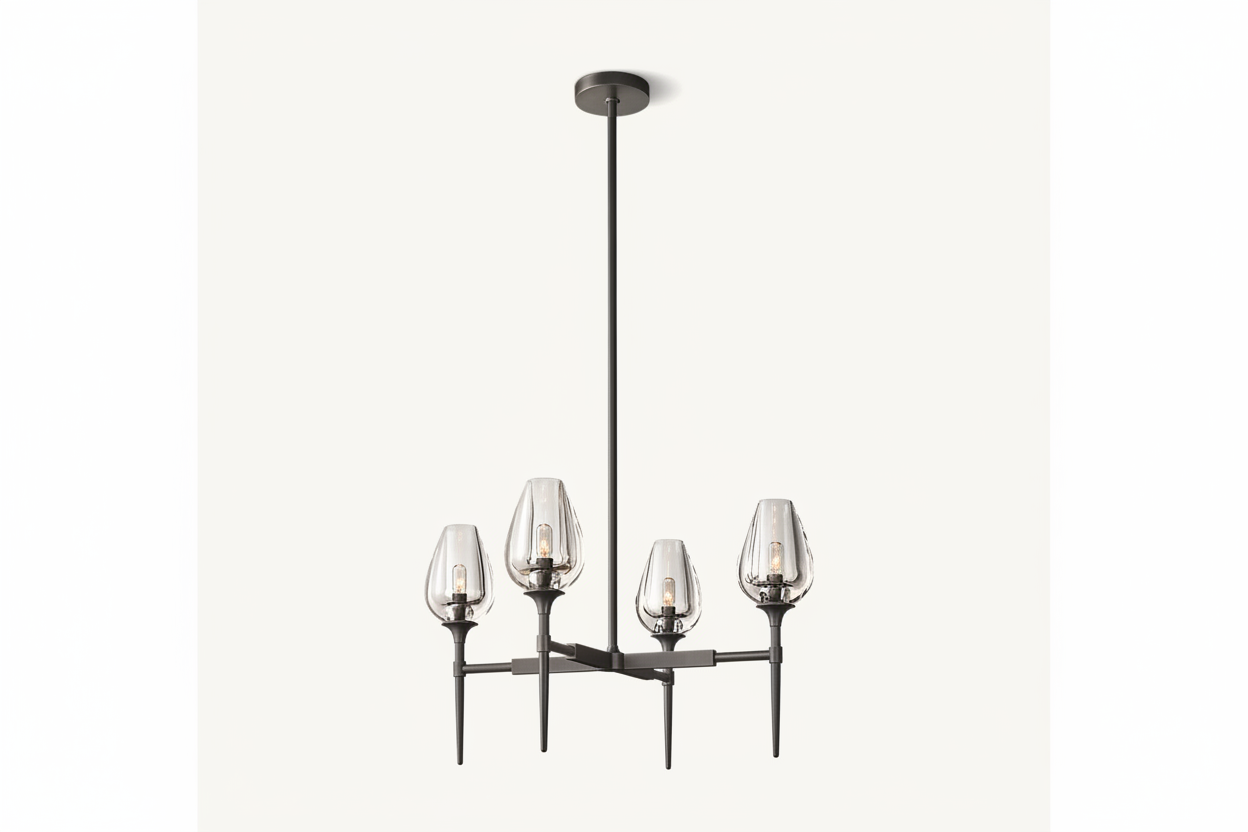 Smoked glass and brass candle chandelier full view