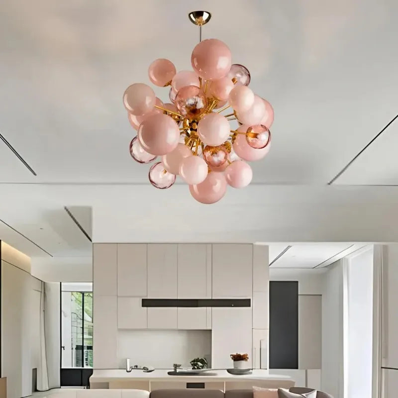 Pink Glass Globe Chandelier for Dining Room | Hand-blown Globes 80 Cm (31.5 In) Wide 18 Lights Brass Casalola Luxury