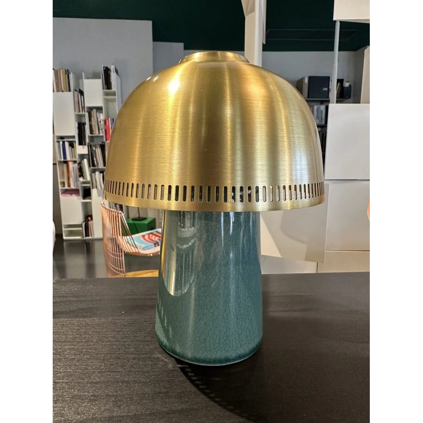 Green Crackle Glaze Ceramic Table Lamp | Brass Dome Sculptural Light