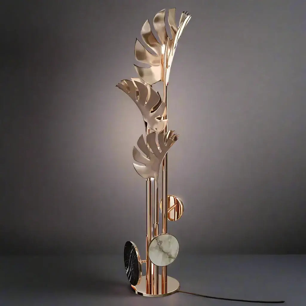 Gold Leaf Floor Lamp | Sculptural Botanical Lighting with Marble - Lamps