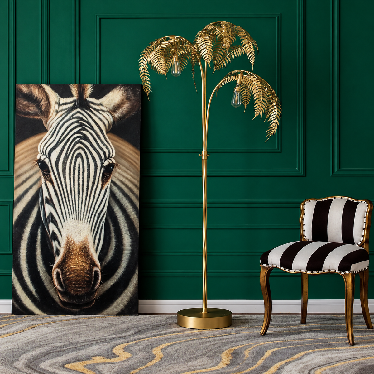 Gold palm-tree floor lamp beside zebra artwork and a striped chair against an emerald wall.