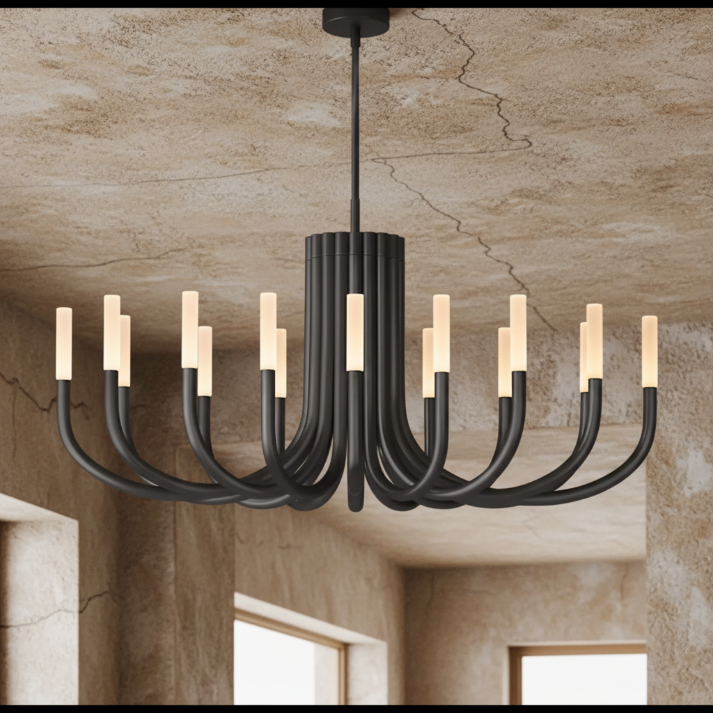 Copper candelabra chandelier in a double-height entry