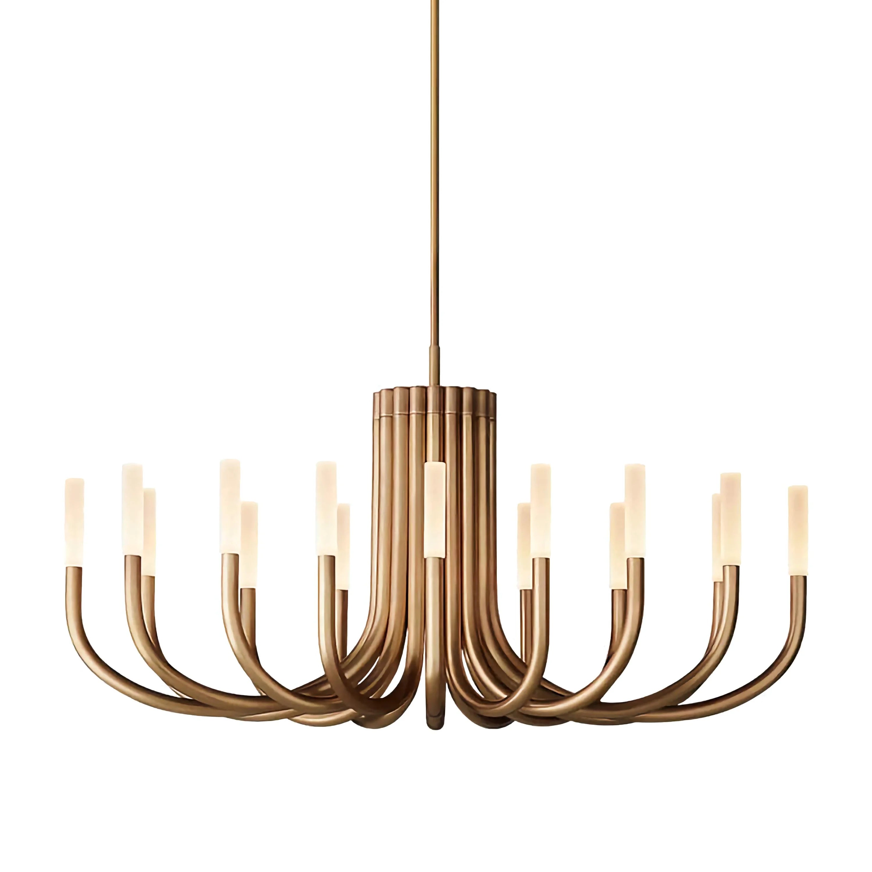 Curved Copper Candelabra Chandelier | 18 Light Sculptural Fixture | Opal Diffuser Lighting for Dining or Grand Entry