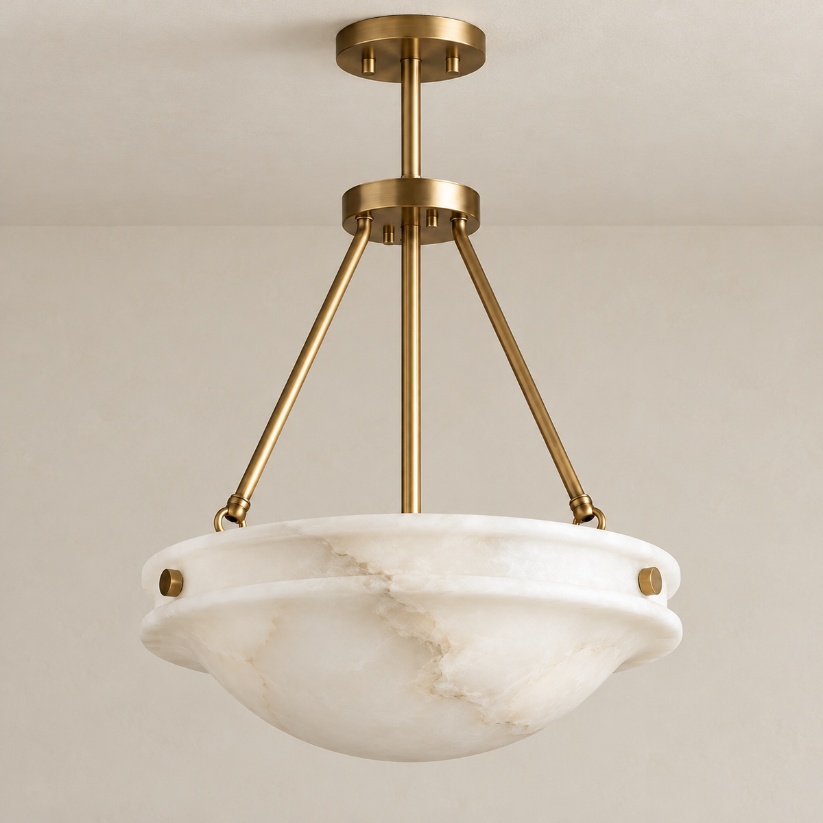 Grande Alba alabaster bowl ceiling light with brass supports, unlit.