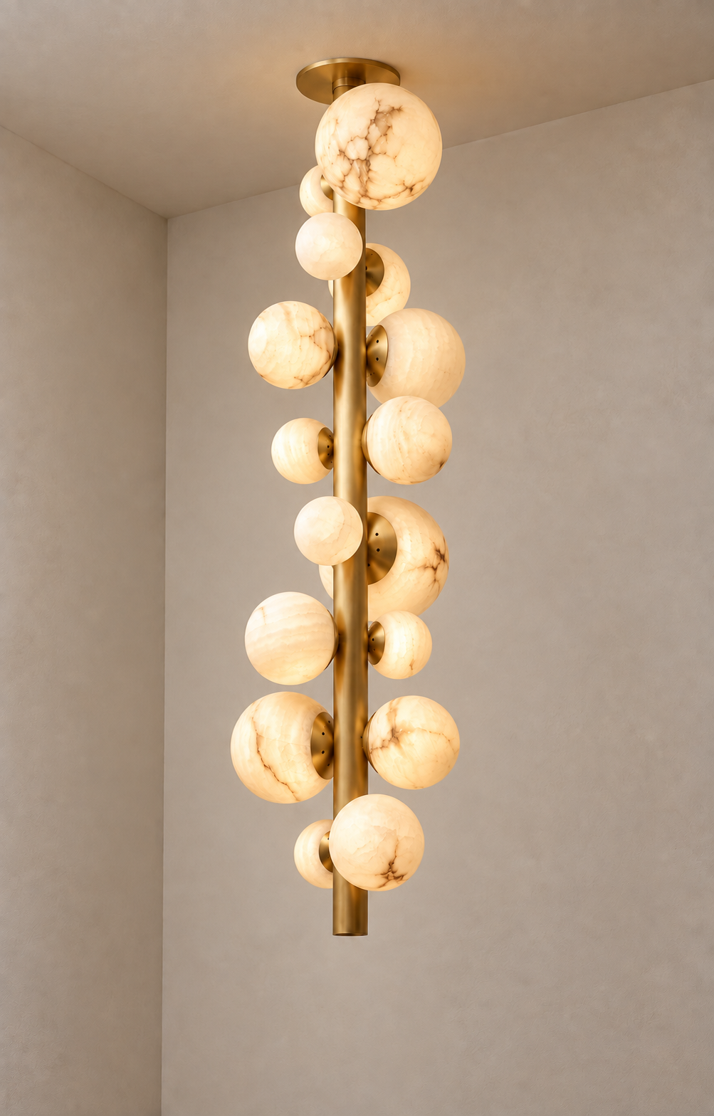 Genuine Alabaster Sphere Cluster Chandelier | Fourteen Lit Spheres Down a Brass Rod Dimmable Casalola Lights Luxury