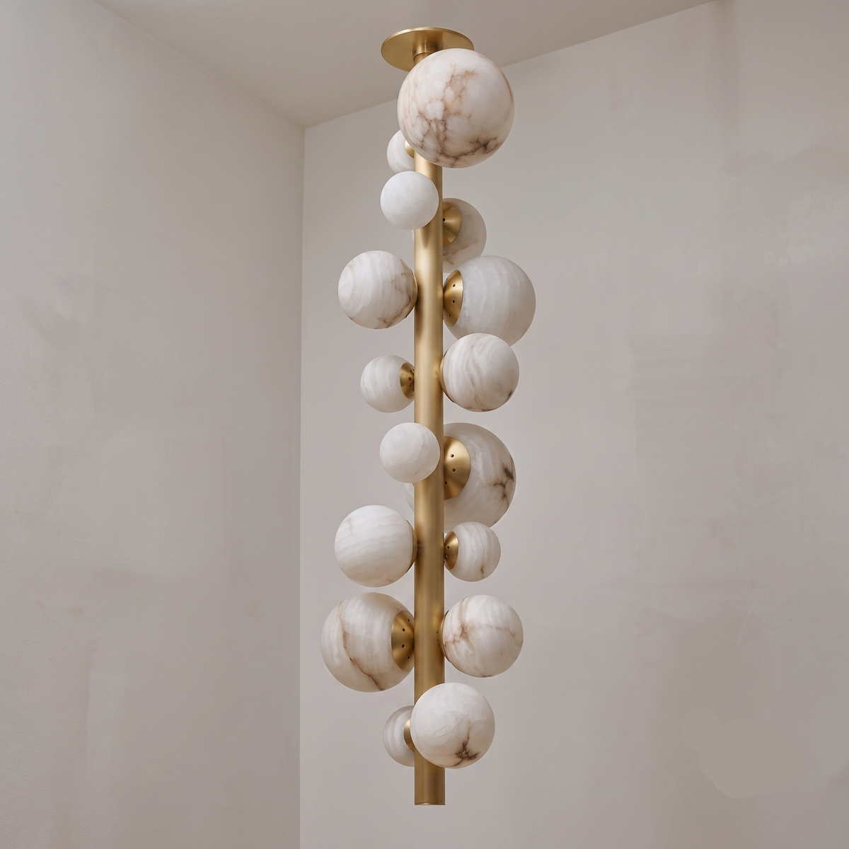 Genuine Alabaster Sphere Cluster Chandelier | Fourteen Lit Spheres Down a Brass Rod Dimmable Casalola Lights Luxury