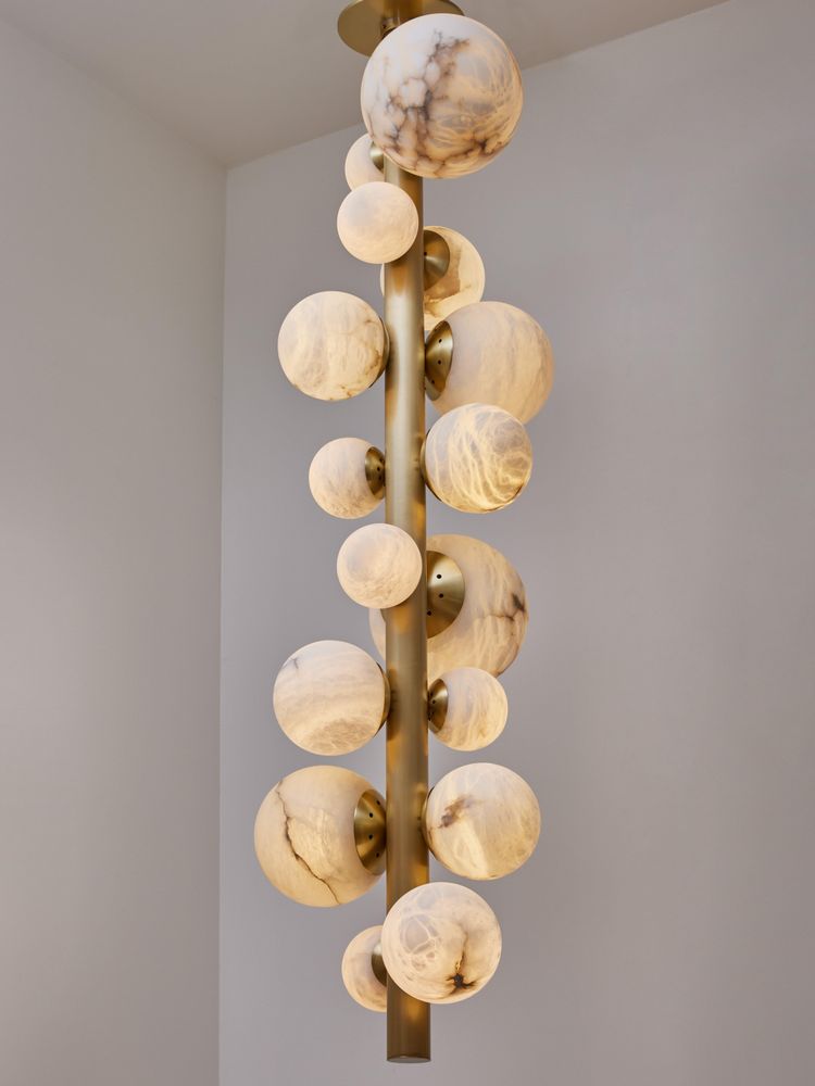 Genuine Alabaster Sphere Cluster Chandelier | Fourteen Lit Spheres Down a Brass Rod Dimmable Casalola Lights Luxury