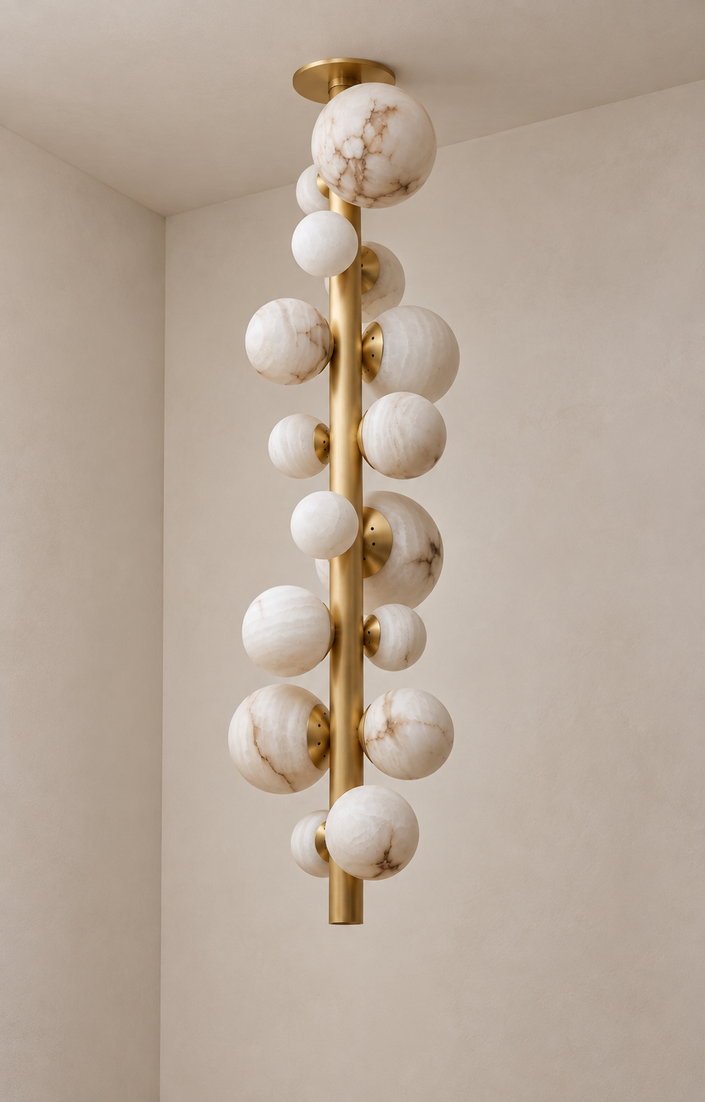 Genuine Alabaster Sphere Cluster Chandelier | Fourteen Lit Spheres Down a Brass Rod Dimmable Casalola Lights Luxury