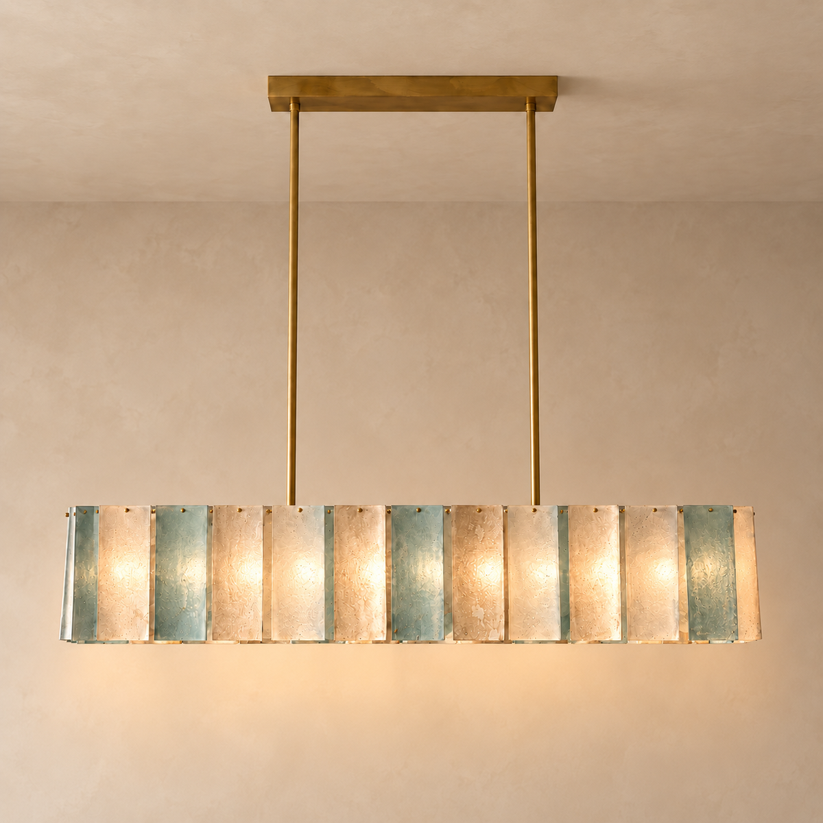 Green Swirled Glass Disc Linear Chandelier Steel | Two Lengths 9 or 10 Light Adjustable Twin Chains Casalola Lights