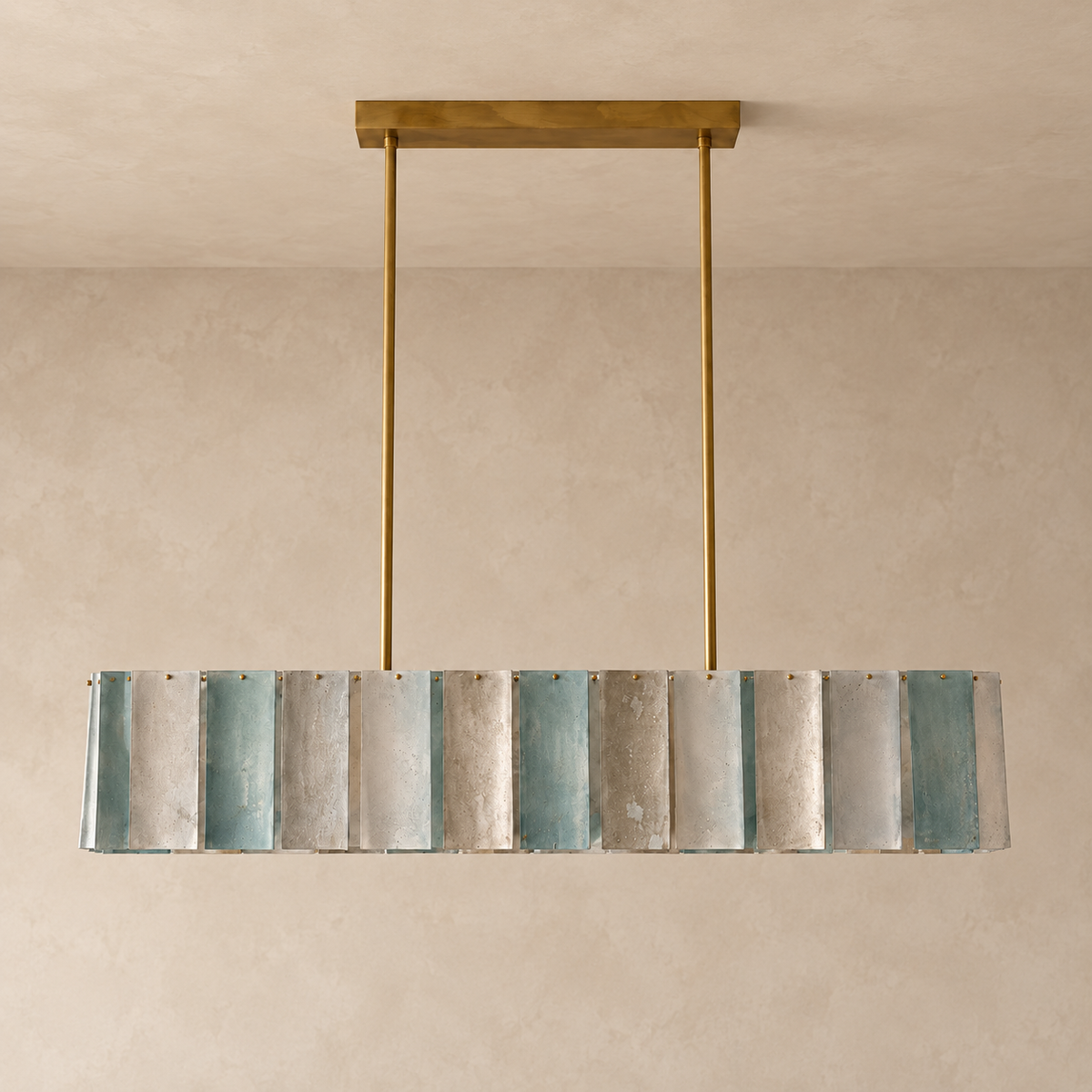 Green Swirled Glass Disc Linear Chandelier Steel | Two Lengths 9 or 10 Light Adjustable Twin Chains Casalola Lights