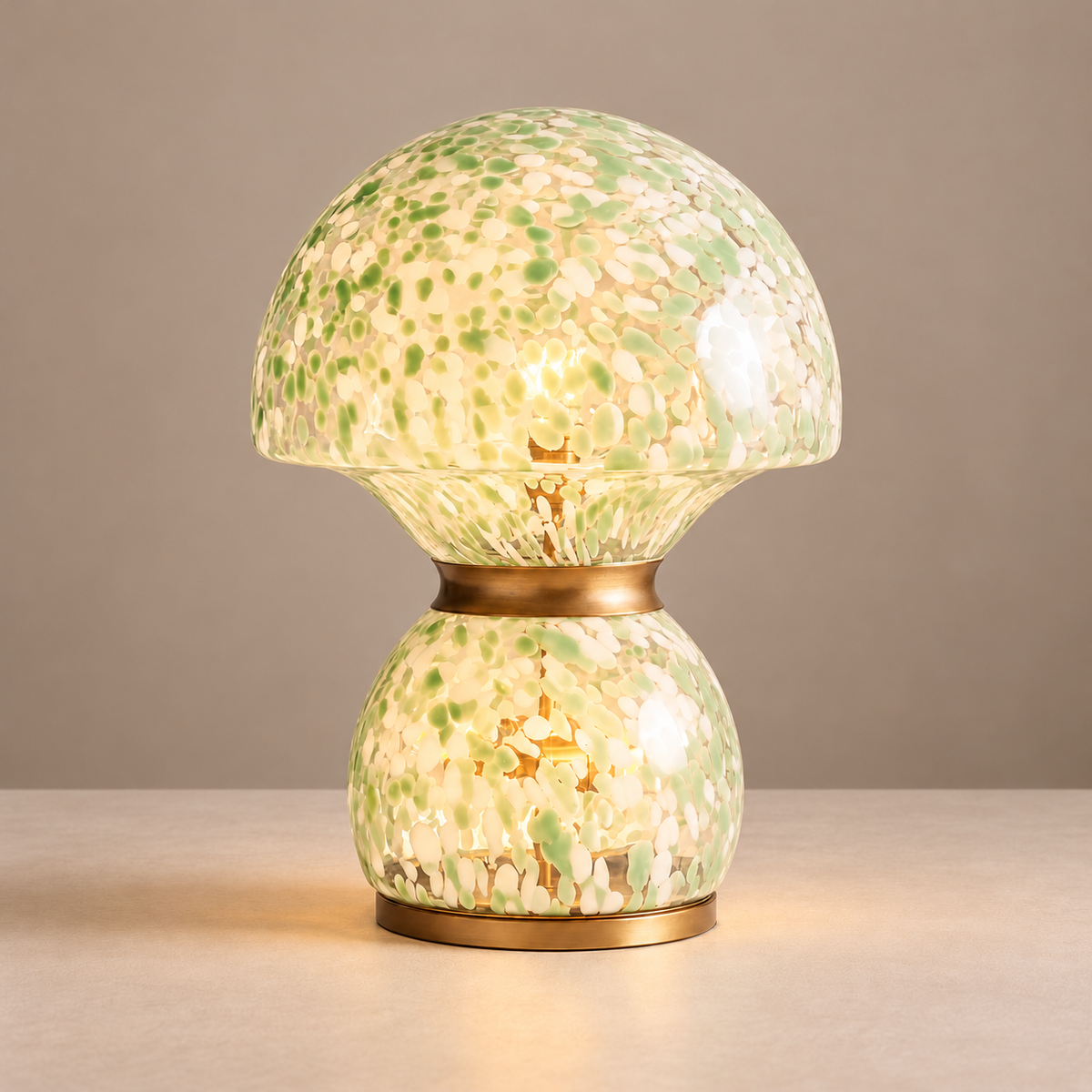 Murano-Style Glass Table Lamp, illuminated, on a neutral beige background.