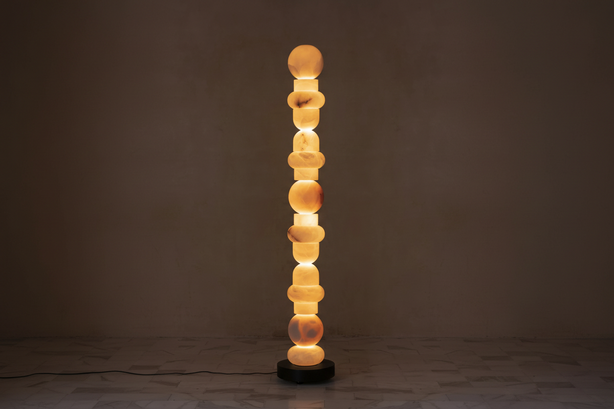 Genuine Alabaster Totem Floor Lamp | Glowing Stone Column Dimmable Option Narrow 28cm Profile 2700k Casalola Lights