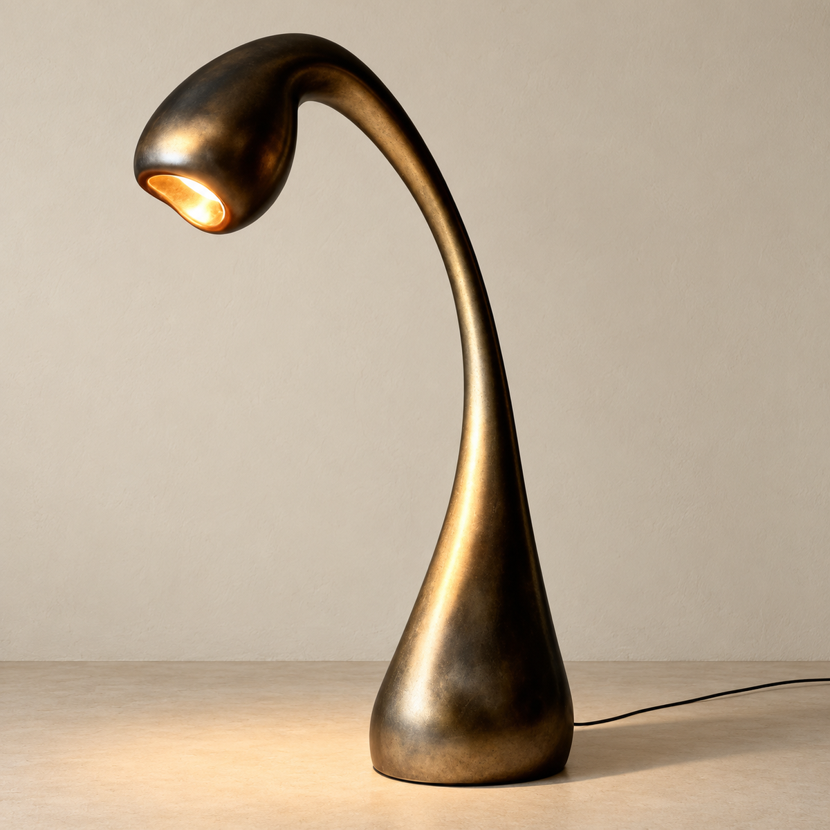 Side view of the Hadrian Arc floor lamp, showing its sweeping stem and projecting head.