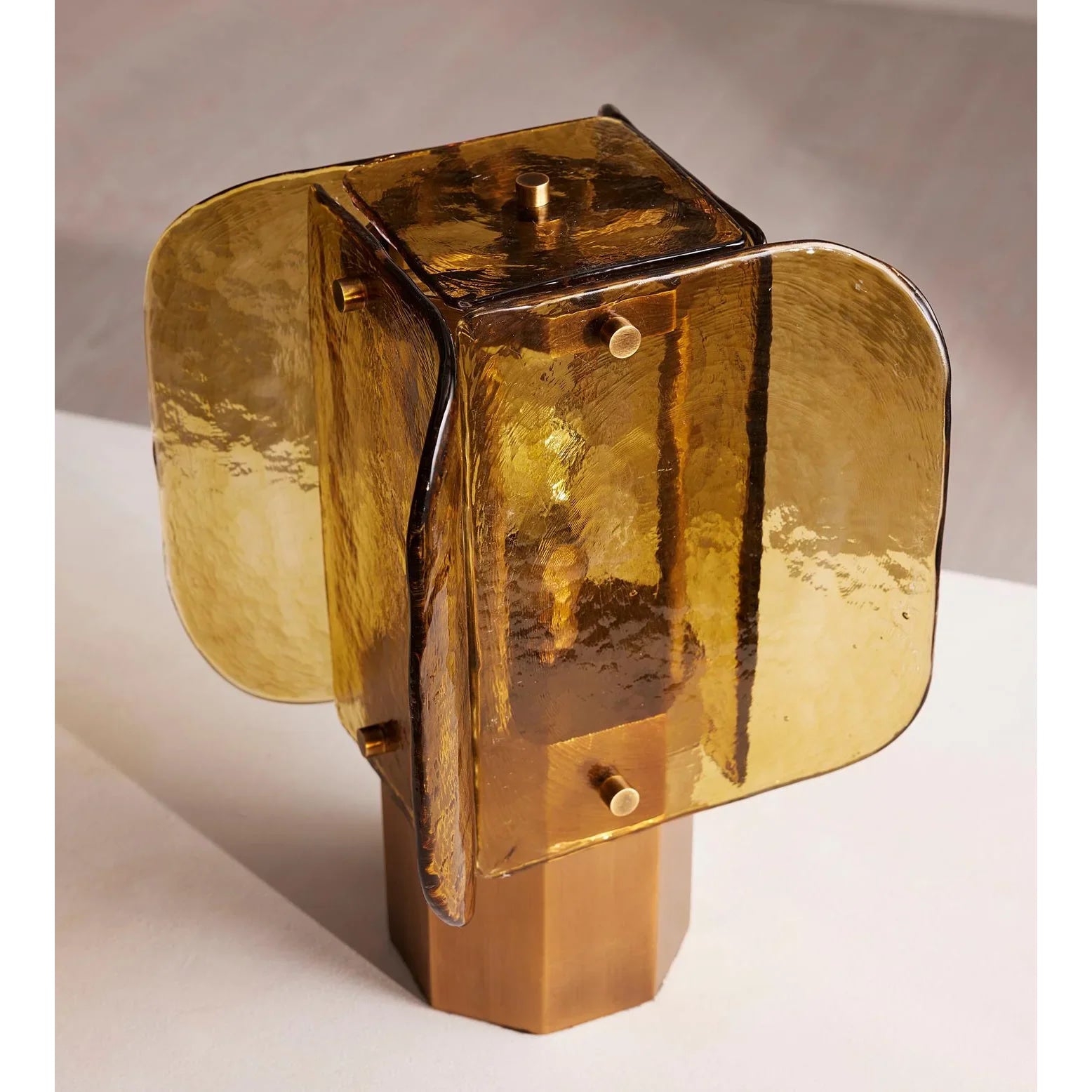 Hand Blown Amber Glass Table Lamp | Sculptural Brass Accent