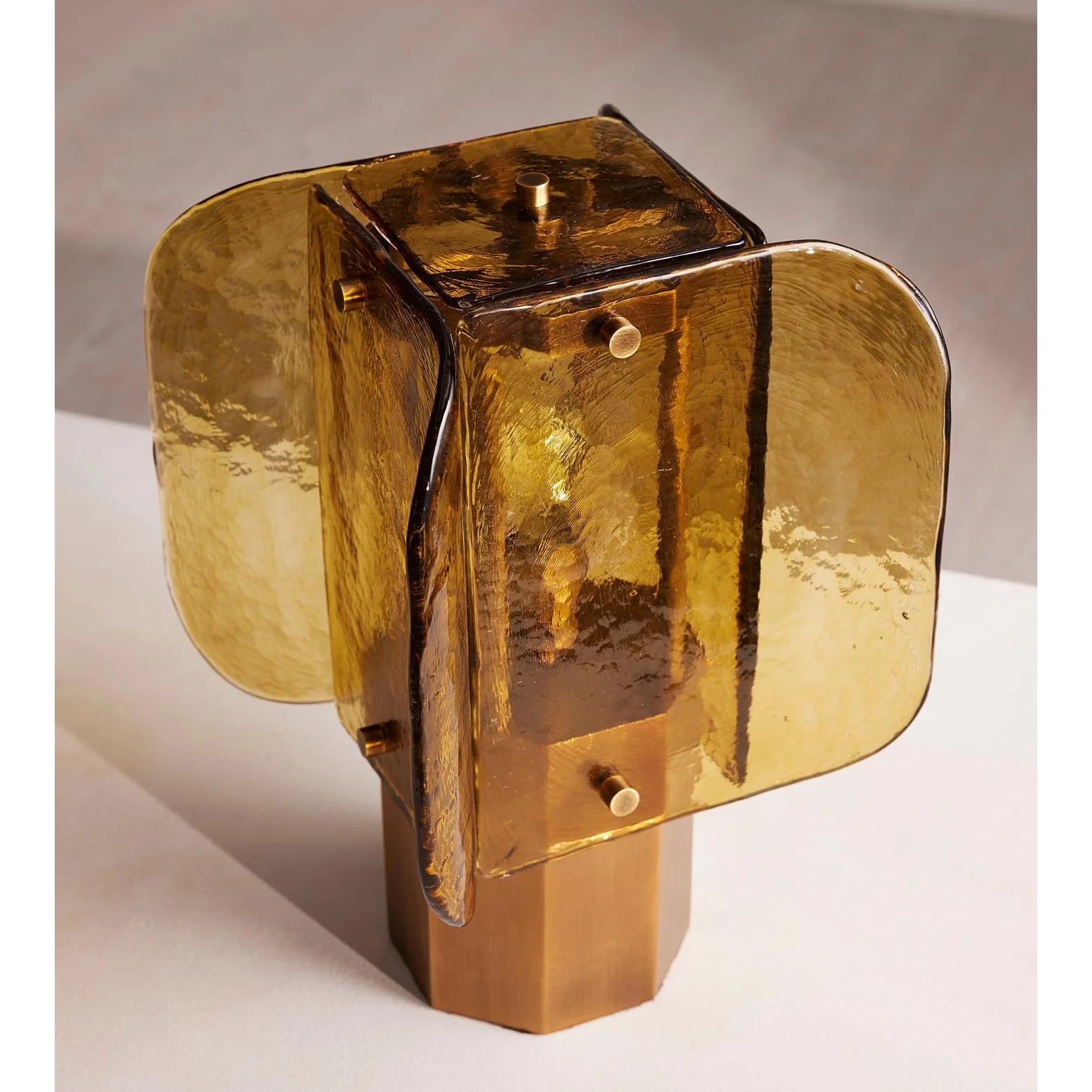 Hand Blown Amber Glass Table Lamp | Sculptural Brass Accent