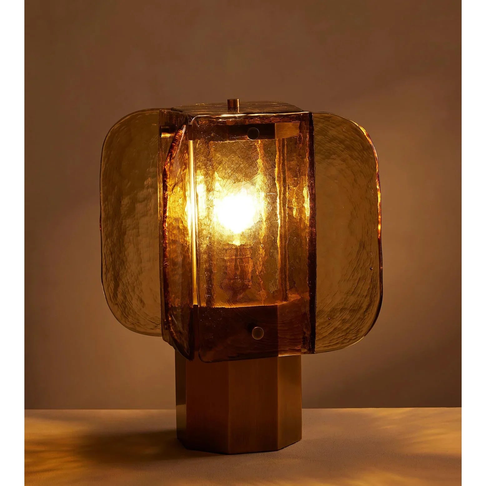 Hand Blown Amber Glass Table Lamp | Sculptural Brass Accent