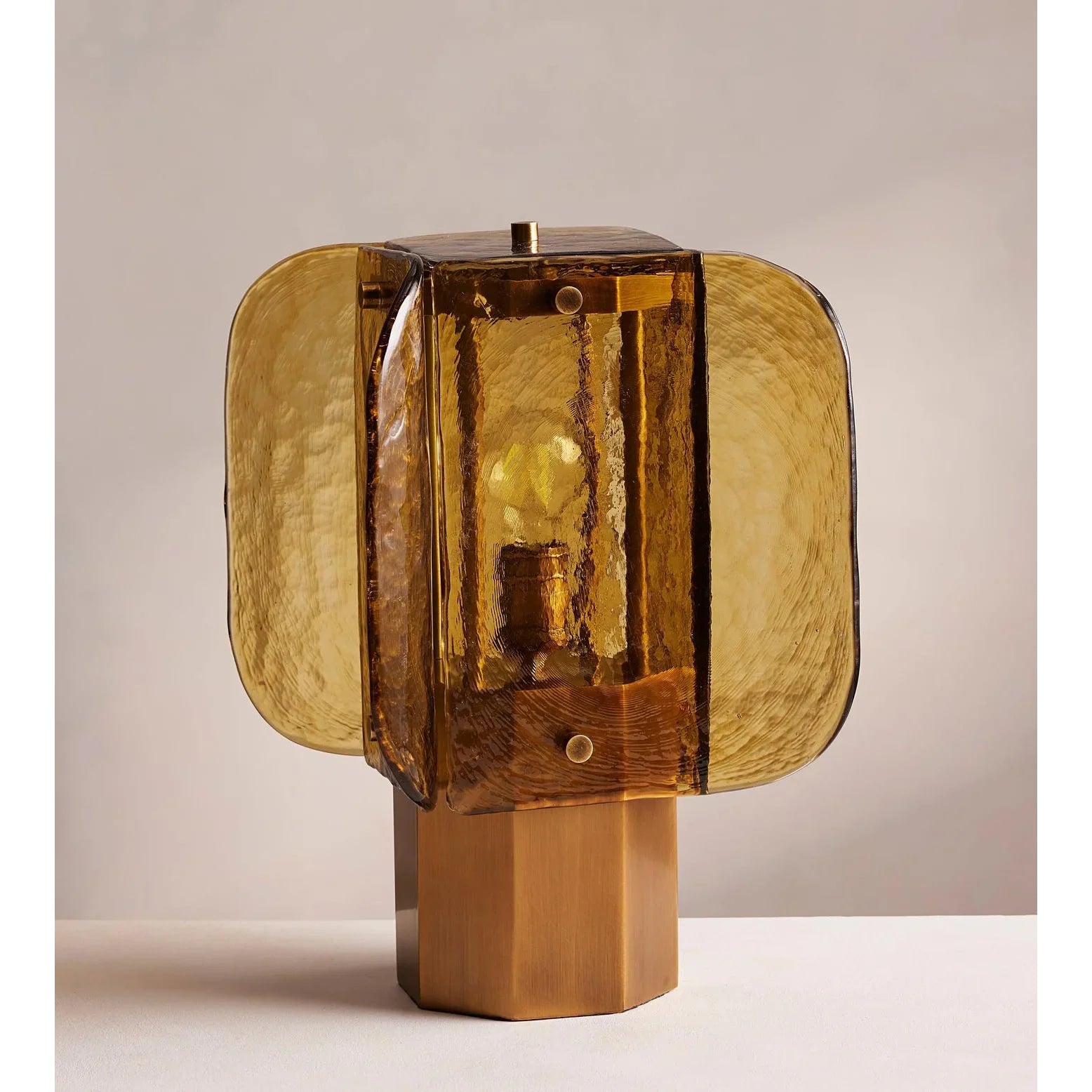 Hand Blown Amber Glass Table Lamp | Sculptural Brass Accent