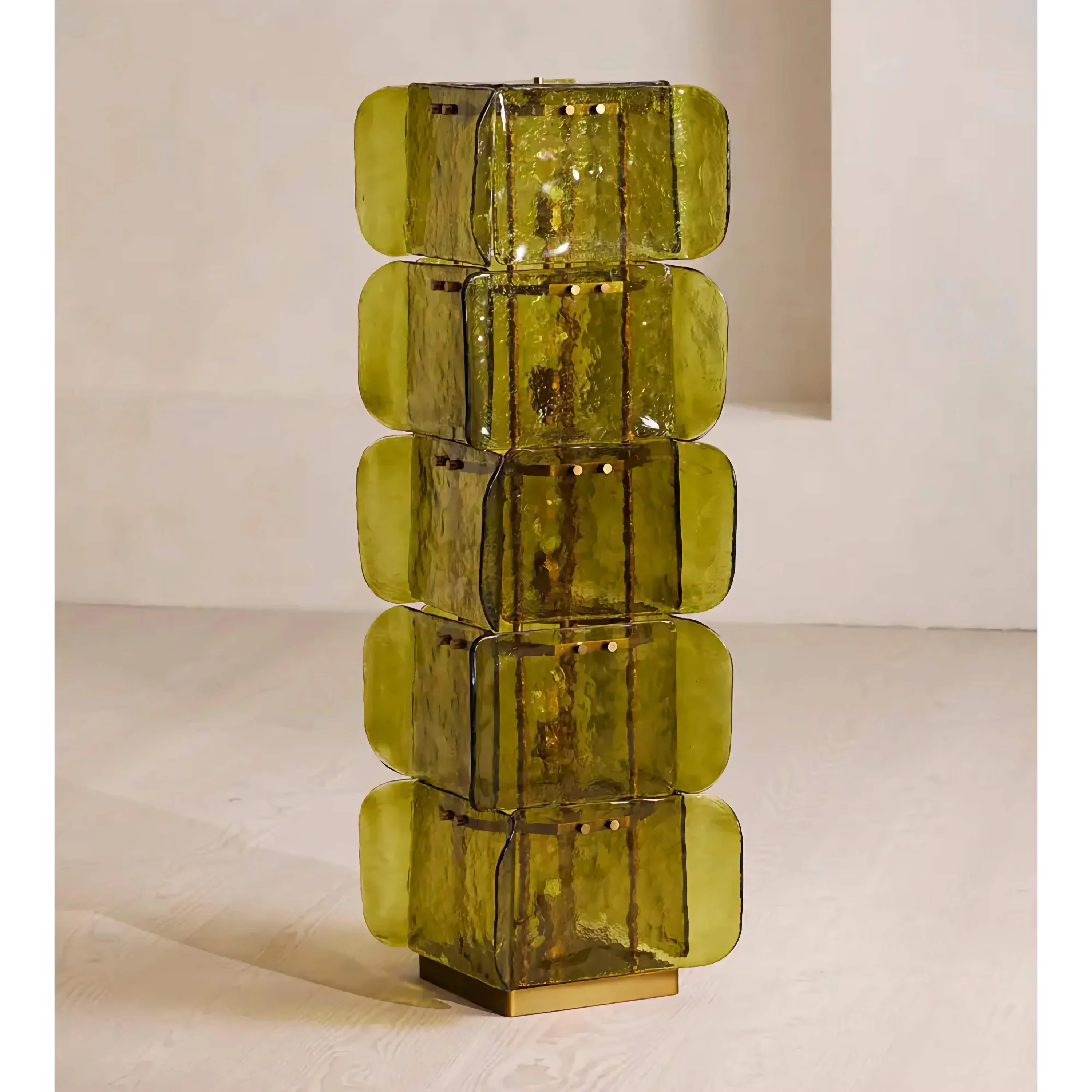 Living Room Hand Blown Olive Glass Totem Floor Lamp – Mid Century Modern Statement Lighting Warm Diffused Glow