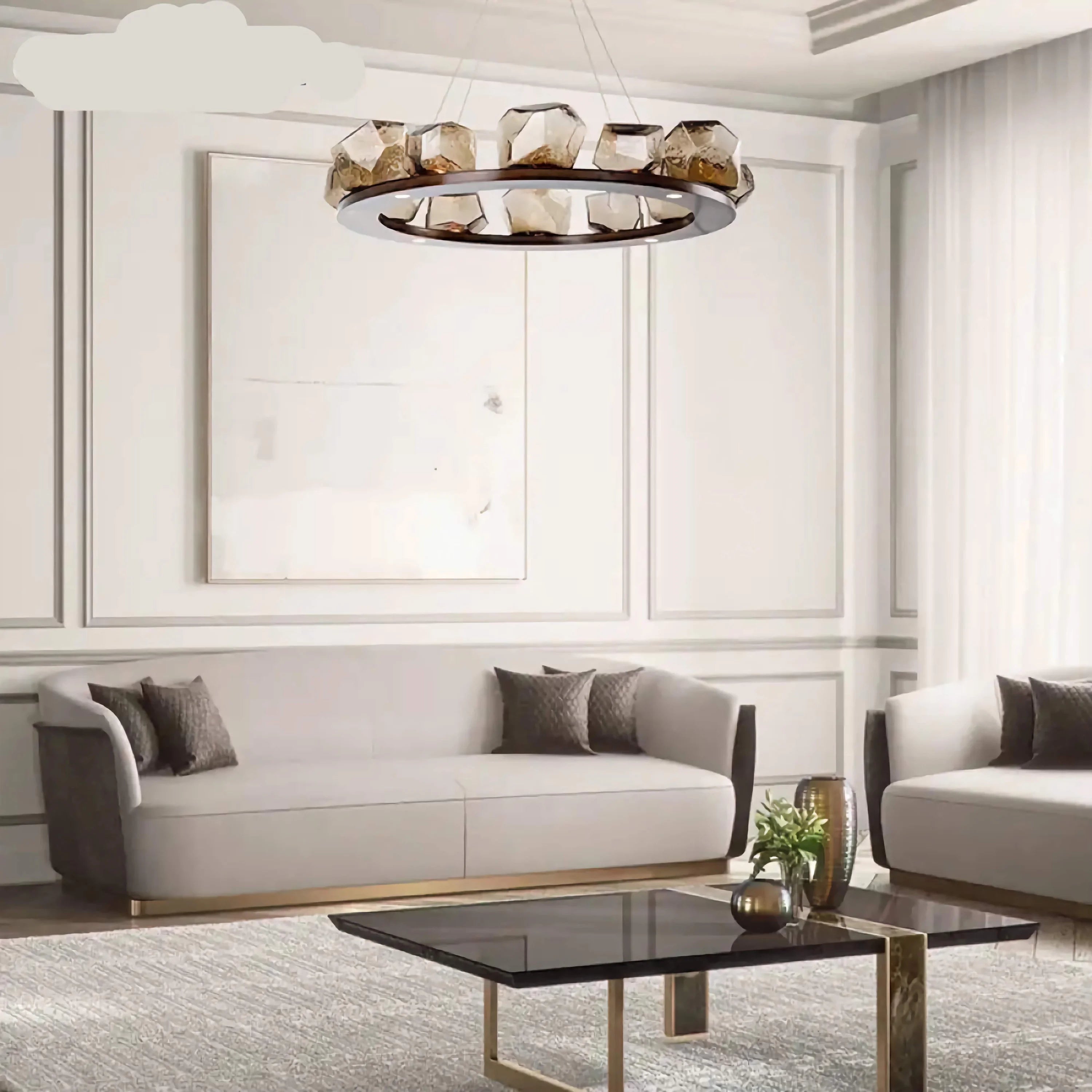 Bronze Ring Chandelier with Hand Blown Glass | Modern Dining Room Pendant Lighting Sculptural Gem Shades