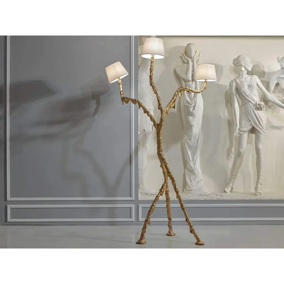Hand-cast Bronze 3-arm Floor Lamp Fabric Shades | Large Foyer Light Heavy 52kg Base Organic Modern Casalola Lights