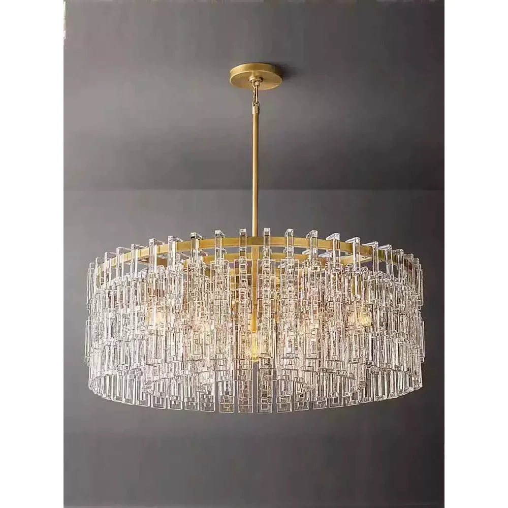 Hand Cut Crystal Drum Chandelier | New York Atelier Brass Ring | Gold Dimmable Living Fixture