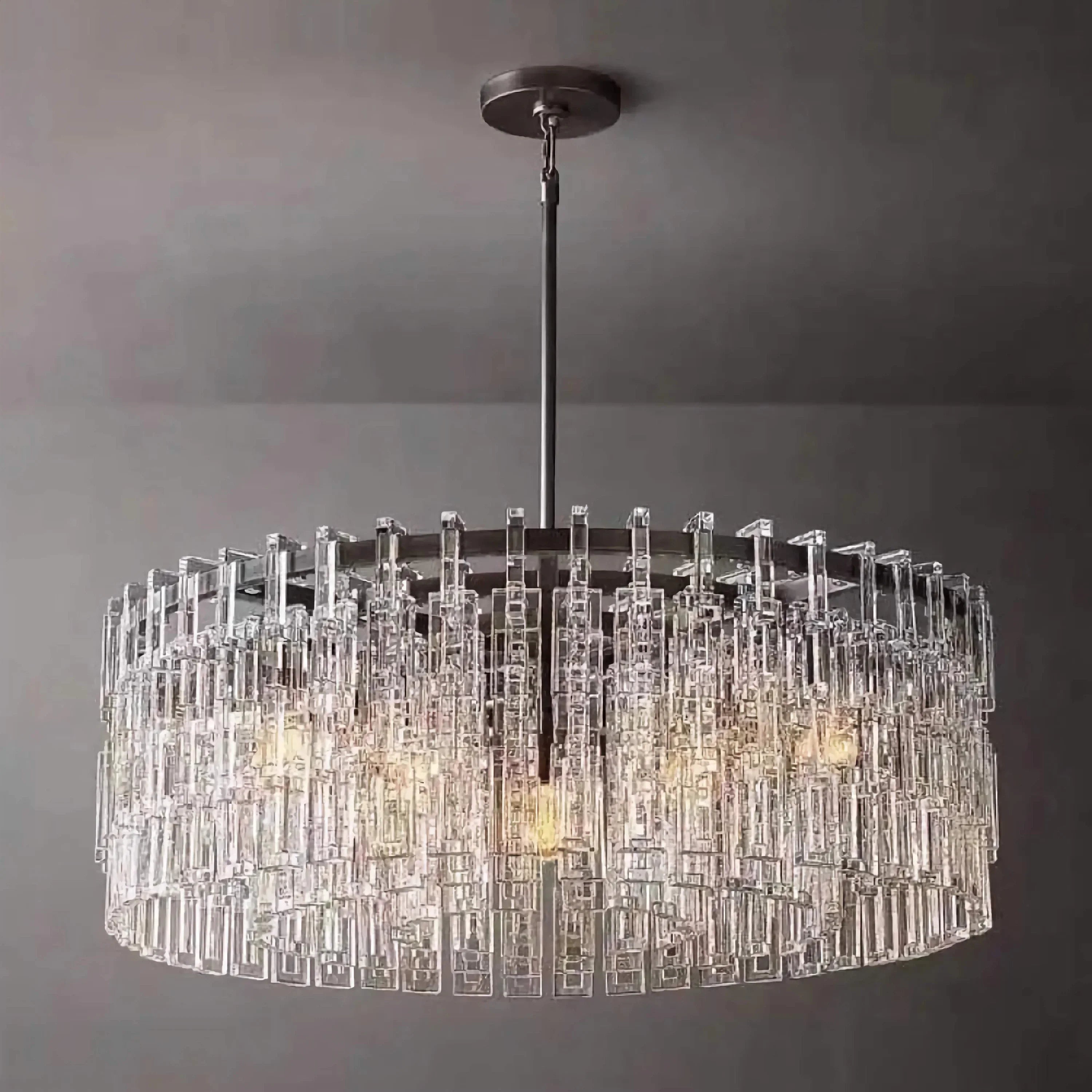 Hand Cut Crystal Drum Chandelier | New York Atelier Brass Ring | Gold Dimmable Living Fixture