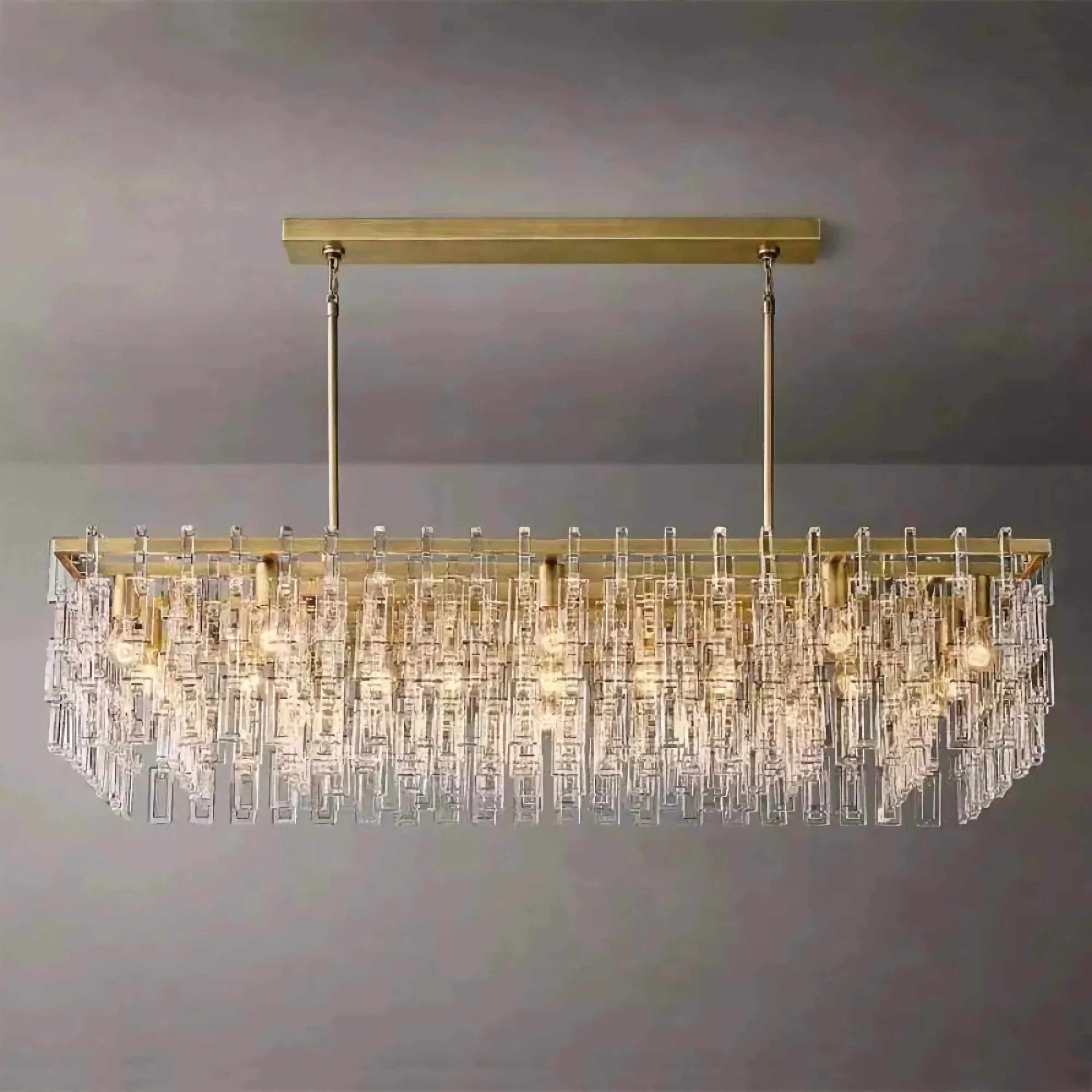 Hand Cut Crystal Rectangular Chandelier | Gold Dimmable Living Fixture