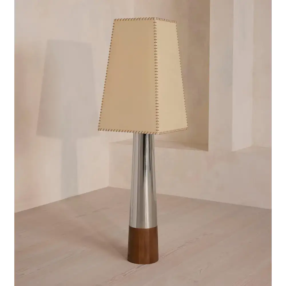 Stainless Steel & Wood Floor Lamp | Hand-stitched Fabric Shade - Lamps
