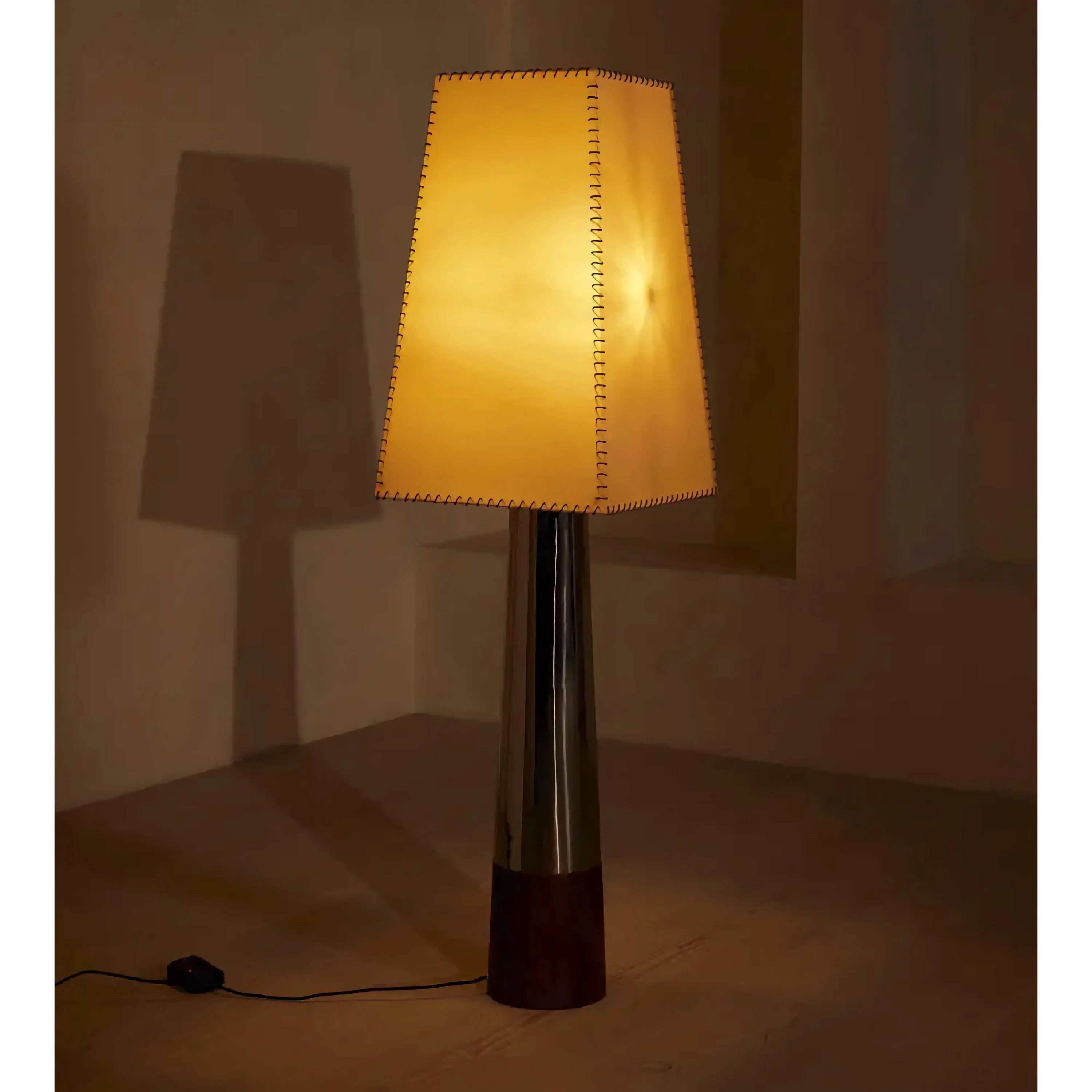 Living Room Polished Chrome & Walnut Column Floor Lamp – Mid Century Modern Statement Lighting Hand Stitched Shade Glow