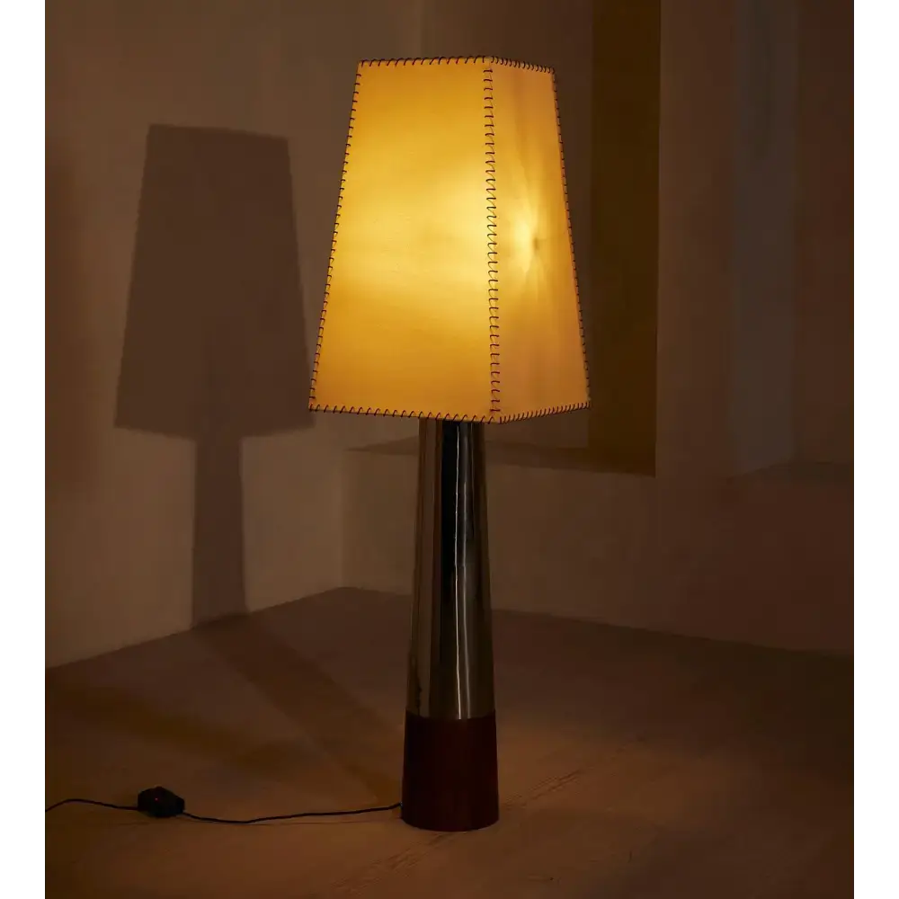 Stainless Steel & Wood Floor Lamp | Hand-stitched Fabric Shade - Lamps