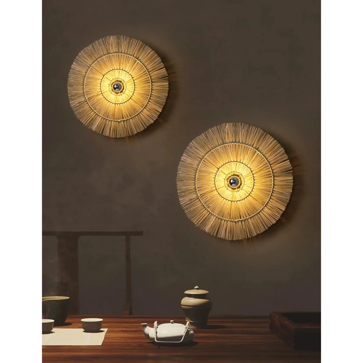 Handwoven Rattan Disc Wall Sconce | 40 60 or 80cm Bedroom Light Boho Style E26/e27 2700k Casalola Lights Luxury Lamps