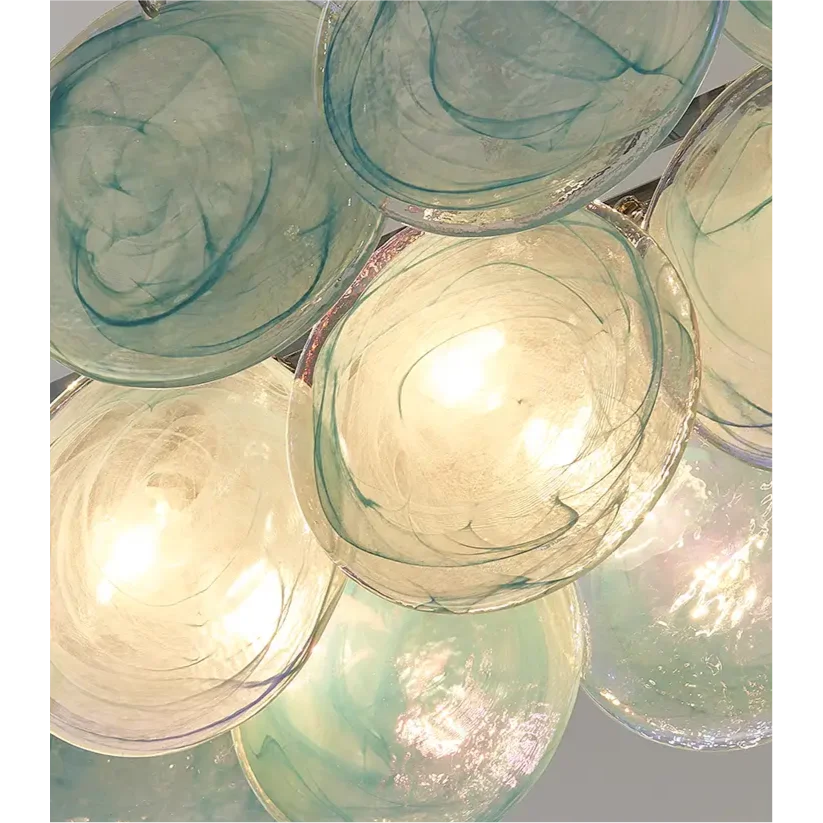 Hand Blown Glass Disc Chandelier | Iridescent Linear Pendant in Aqua Swirl | Modern Lighting for Island or Dining Table