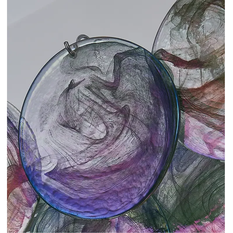 Hand Blown Glass Disc Chandelier | Iridescent Linear Pendant in Aqua Swirl | Modern Lighting for Island or Dining Table