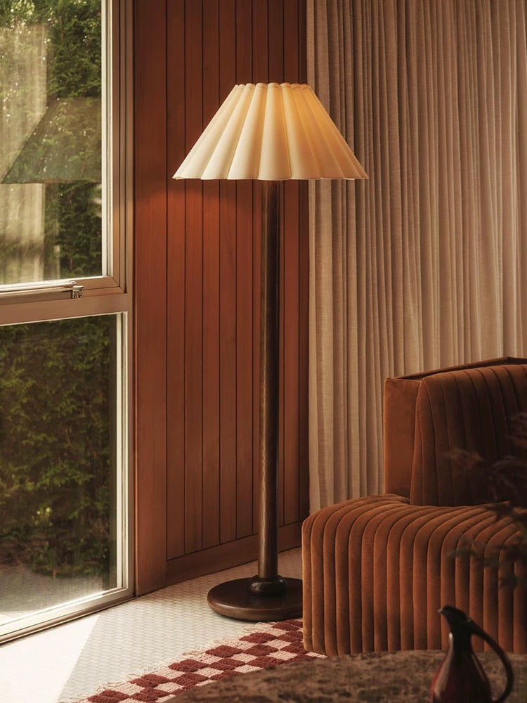 Wood Floor Lamp Pleated Shade | Bedside or Sofa Light 150cm Tall E26/e27 Dimmable Option Japandi Casalola Lights Luxury