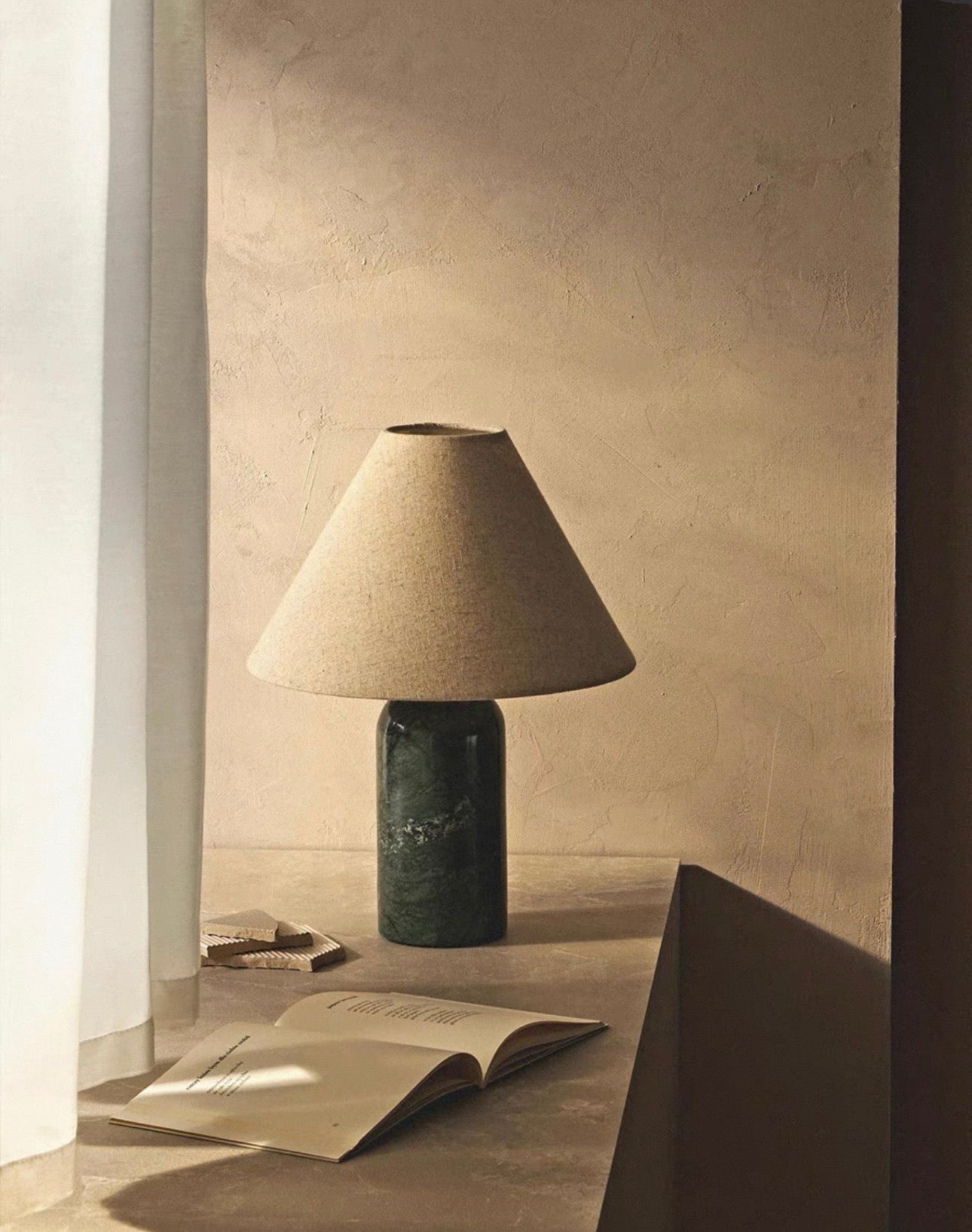Japandi Green Marble Table Lamp with Linen Shade | Minimalist Bedside Lighting Casalolalights Luxury Lamps for Interior